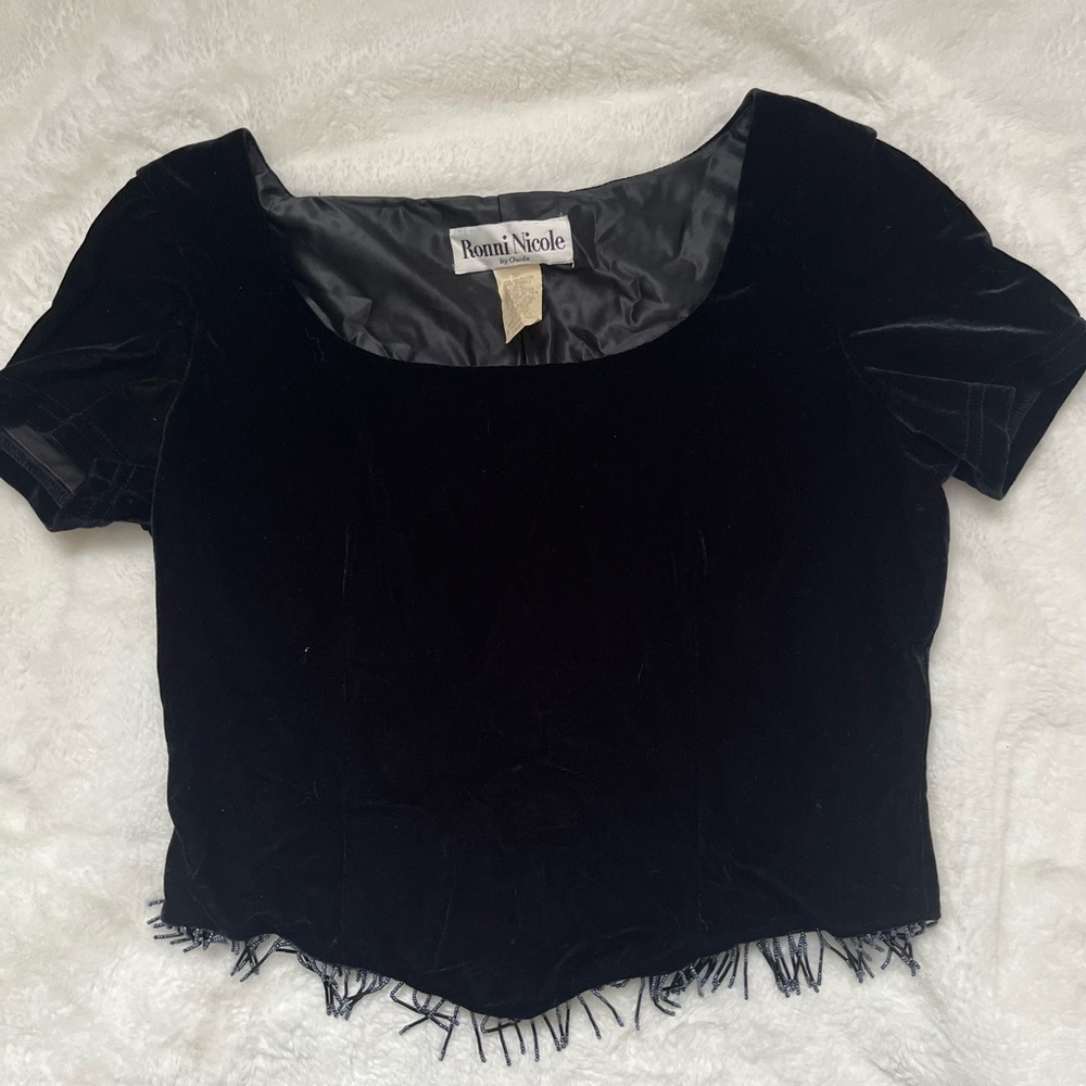 90s Black Velvet Fringe Crop Top Ronnie Nicole Y2K preppy coquette small‎ Shirt